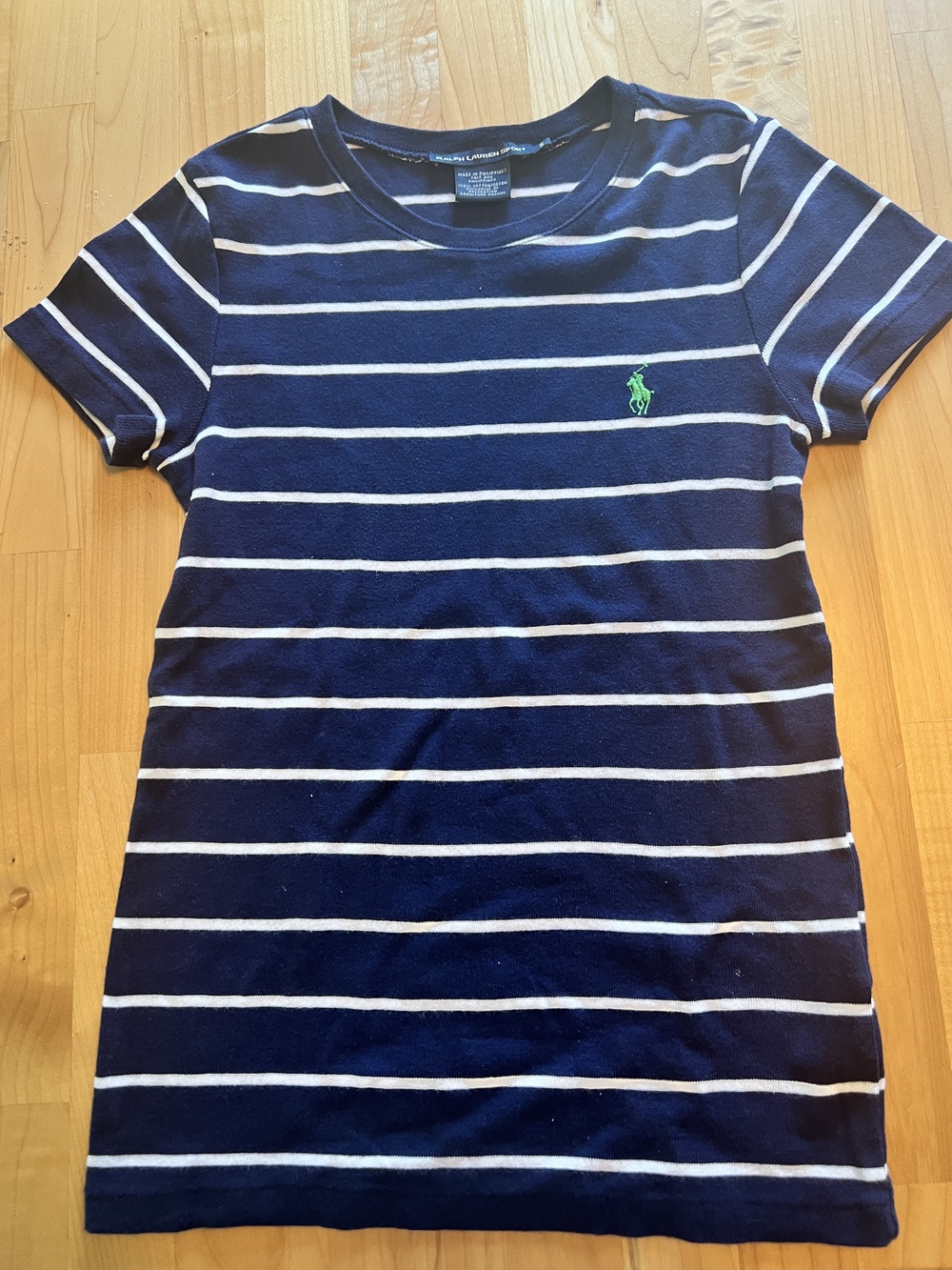 Ralph Lauren Sport Women's TShirt Navy Blue White Striped Size S Green Pony Logo
